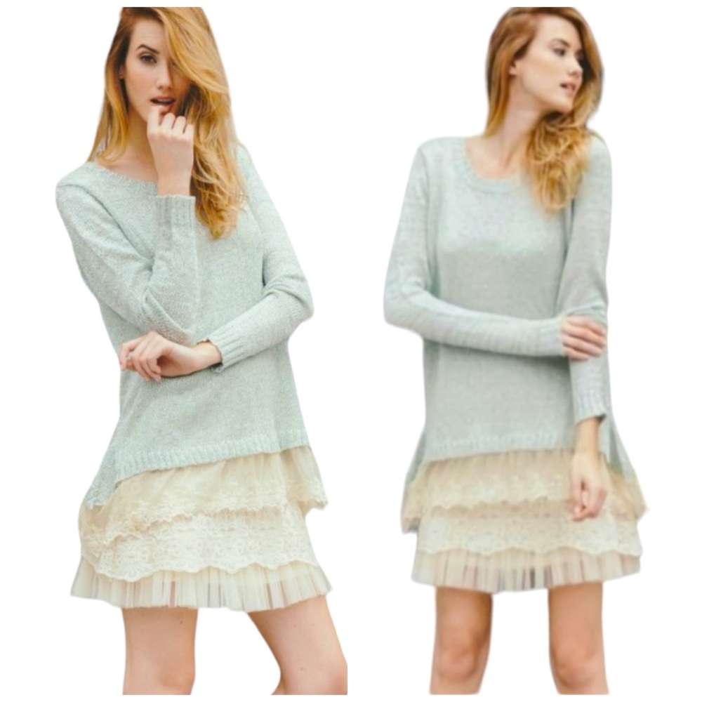 🆕 HANDMADE A’REVE Boutique - Lace Trimmed Sweater - Mint - Picture 3 of 4